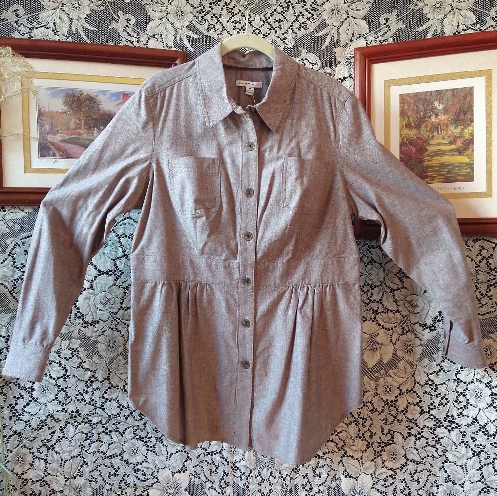 Isaac Mizrahi brown cream beige shirt long sleeve button down denim peplum nwot